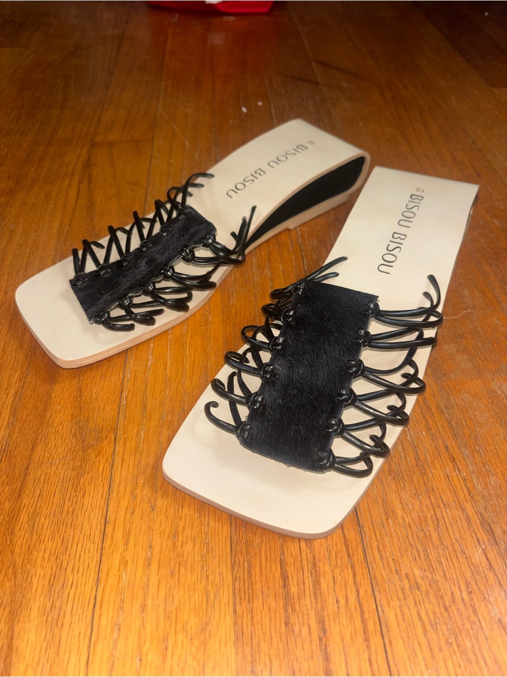 Bisou Bisou Black and Cream Slide Sandals with Horse Hair Details